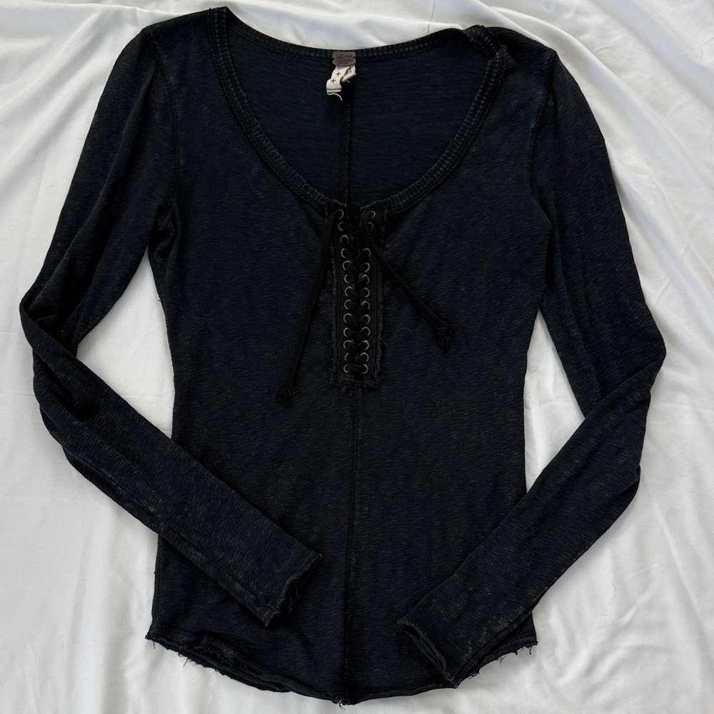 We the Free Navy Lace-Up Long Sleeve Top